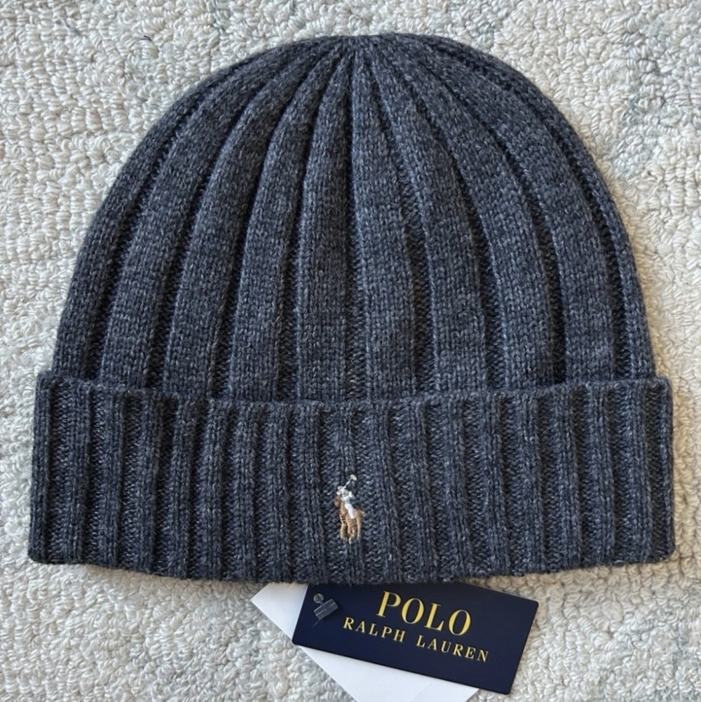 UNISEX Polo by Ralph Lauren Charcol Gray 🌑 Ribbed Beanie Hat Cap